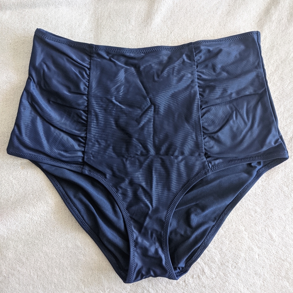 Aerie Hi-Rise Navy Swim Bottoms with Ruched Sides